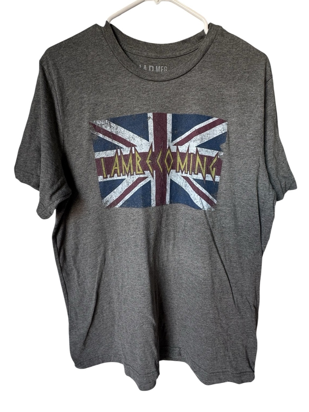 Retro Gray Graphic T-Shirt Union Jack Flag UK "I AM BECOMING" Men’s XL